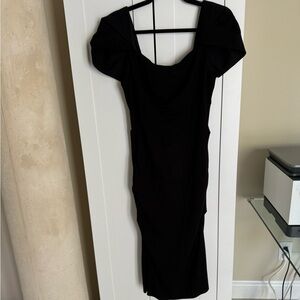 Nicole Miller Black Ruched Dress Size 8 Square Neck Short Sleeve